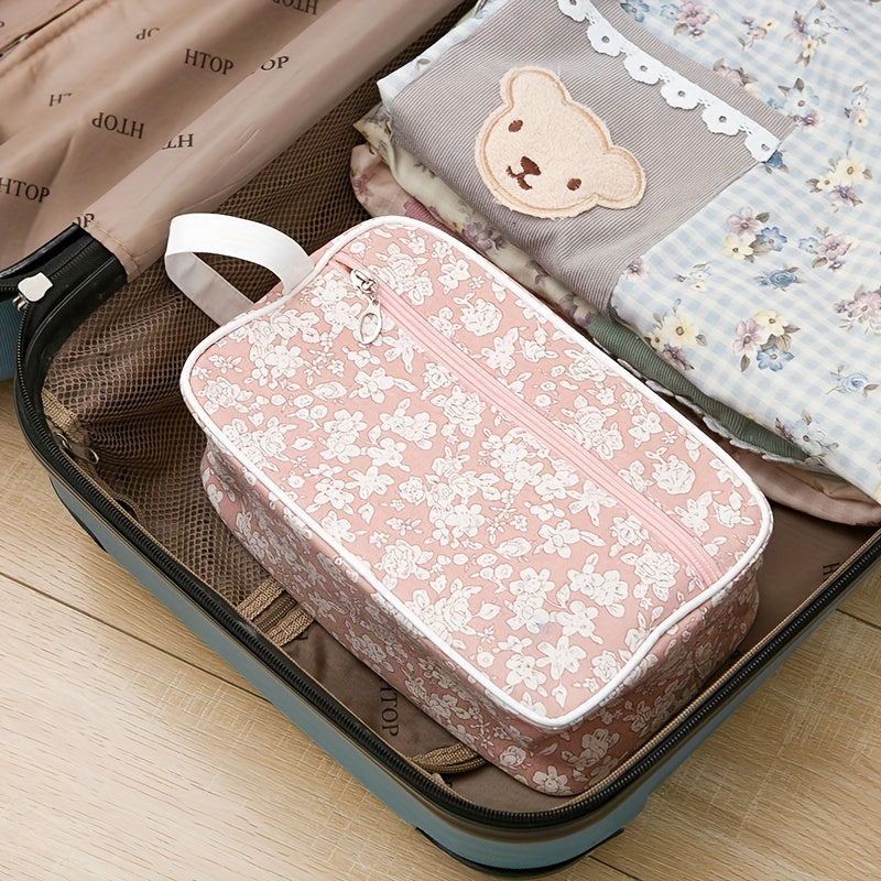 Portable Floral Print Cosmetic Bag Large Capacity Toiletry Bag
