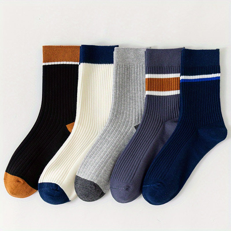 Men's Block Crew Socks Breathable Comfy Casual Unisex Socks - Pack of 5