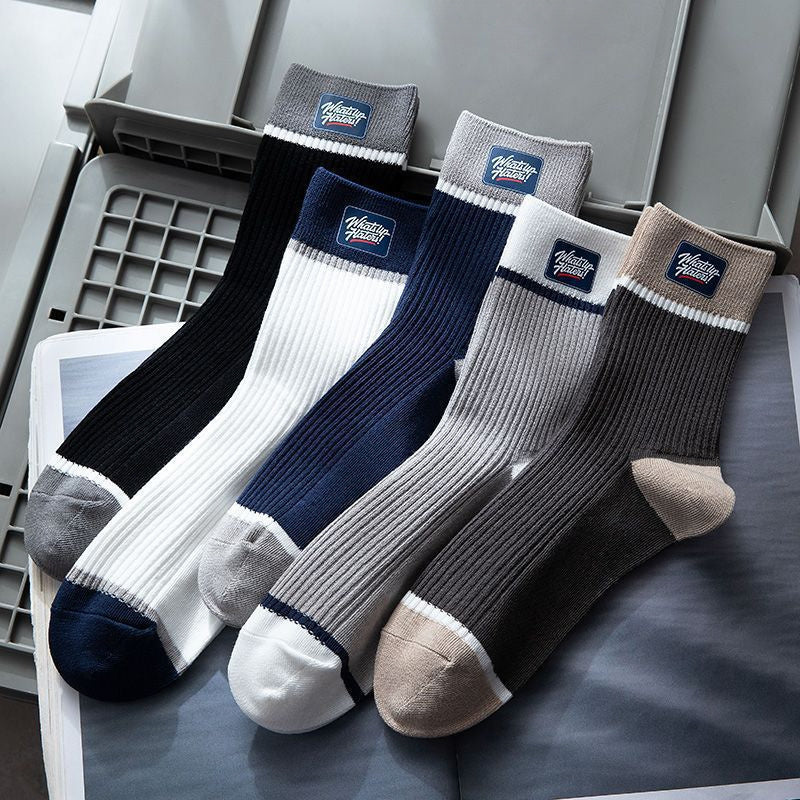 5 Pairs Men's Block Crew Socks Comfy Casual Unisex Outdoor All Seasons