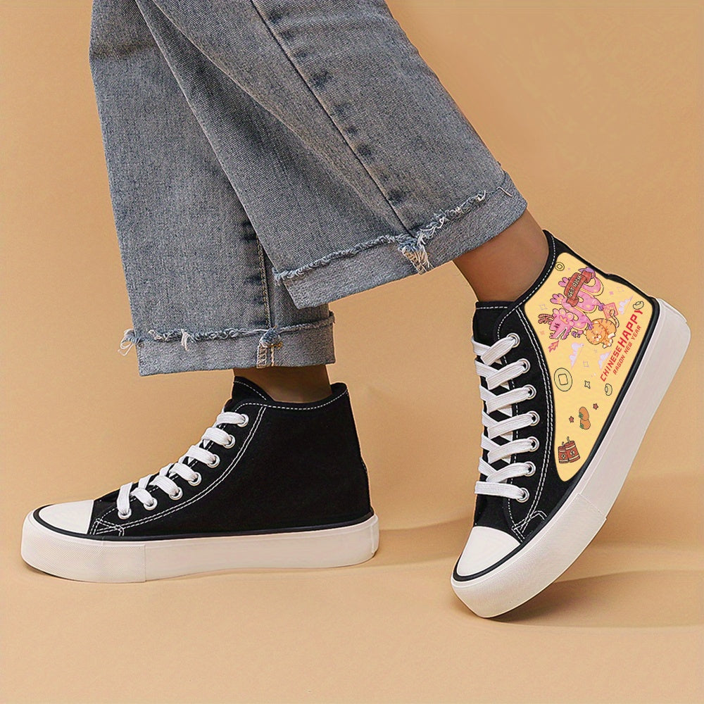 Dragon Print Flat Heighten Chunky Canvas Sneakers