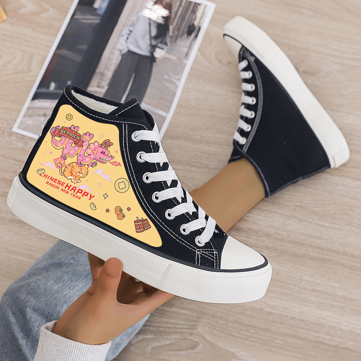 Dragon Print Plush Lined Thermal Chunky Canvas Sneakers