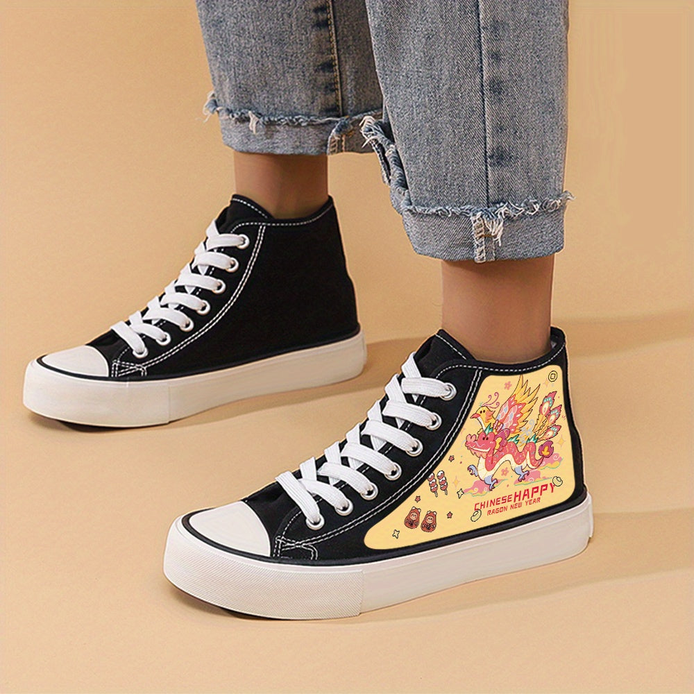 Dragon Print Canvas Sneakers Chunky High Top Skate Shoes