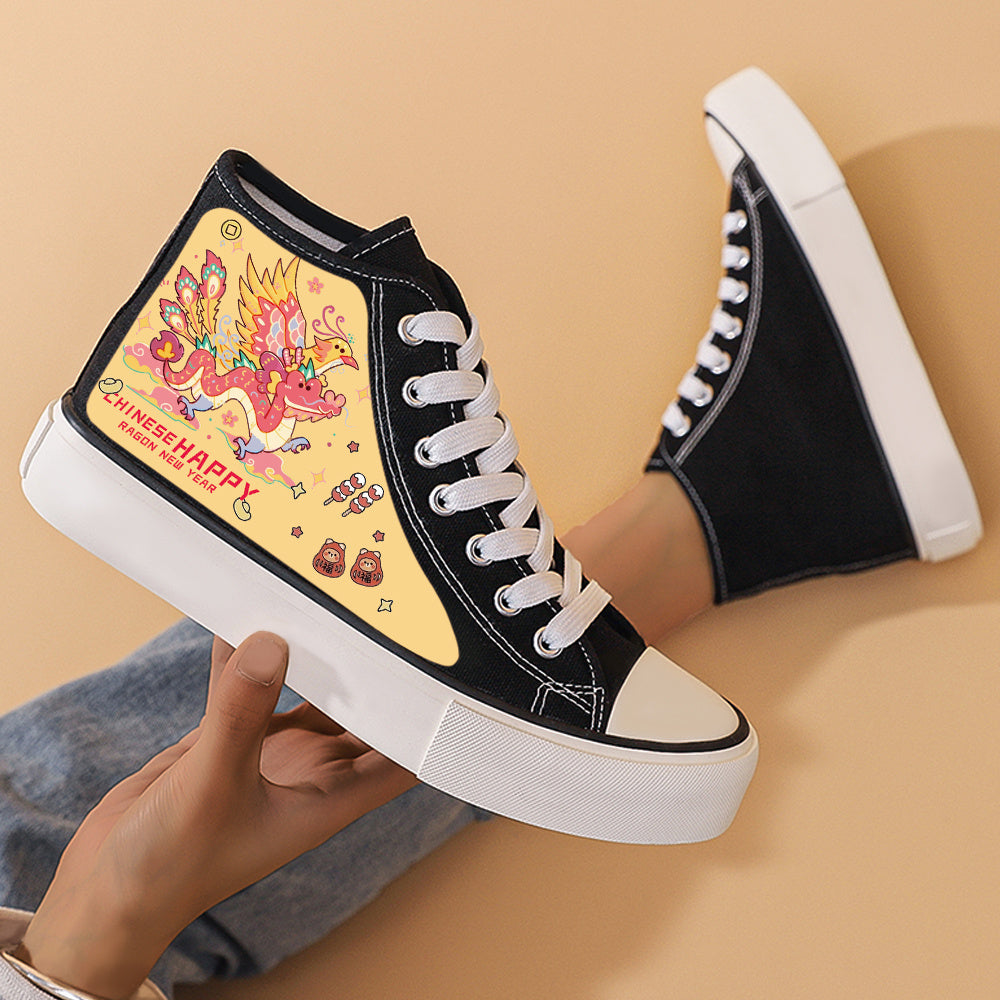 Dragon Print Canvas Sneakers Chunky High Top Skate Shoes