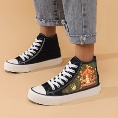 Dragon Print Chunky Canvas Sneakers High Top Classic Skate Shoes
