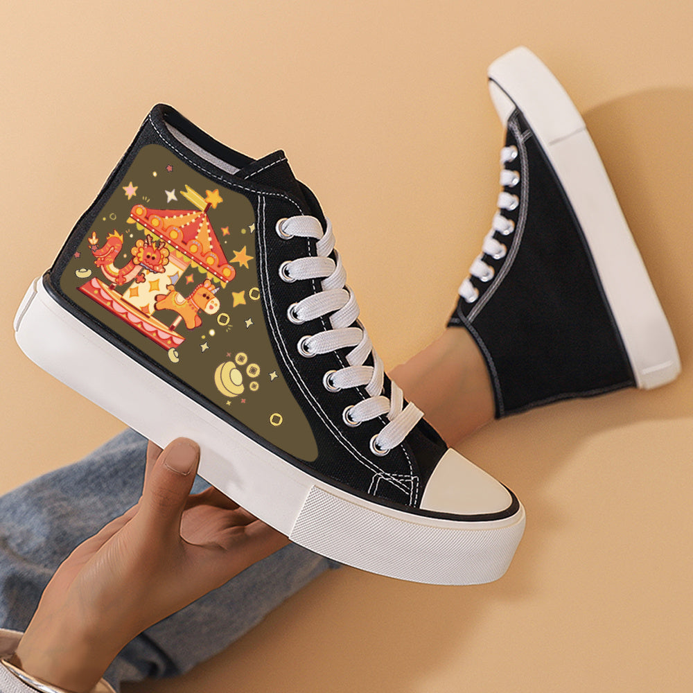 Dragon Print Chunky Canvas Sneakers High Top Classic Skate Shoes