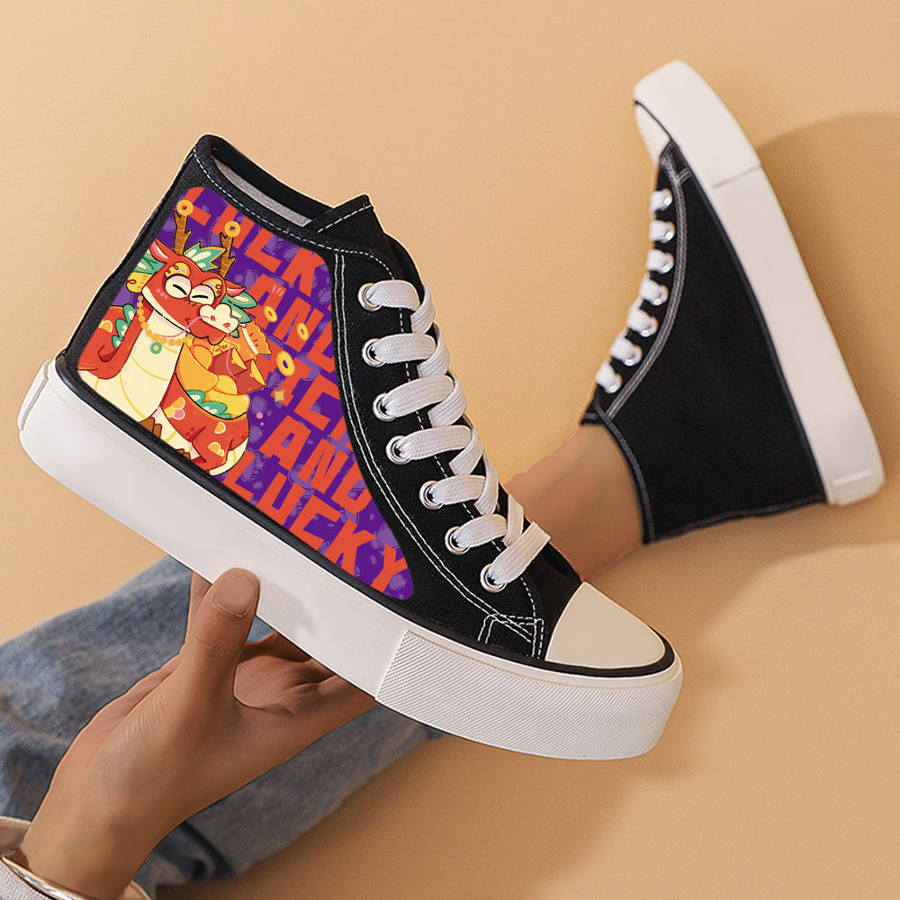 Dragon Print Flat Heighten Chunky Canvas Sneakers High Top Classic Skate Shoes