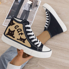 Cat Print Plush Lined Chunky Canvas Sneakers