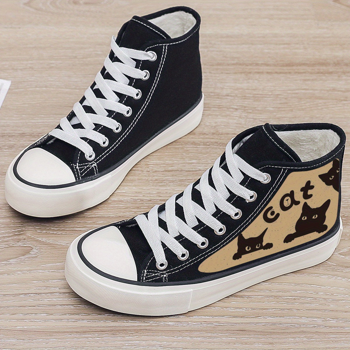 Cat Print Plush Lined Chunky Canvas Sneakers