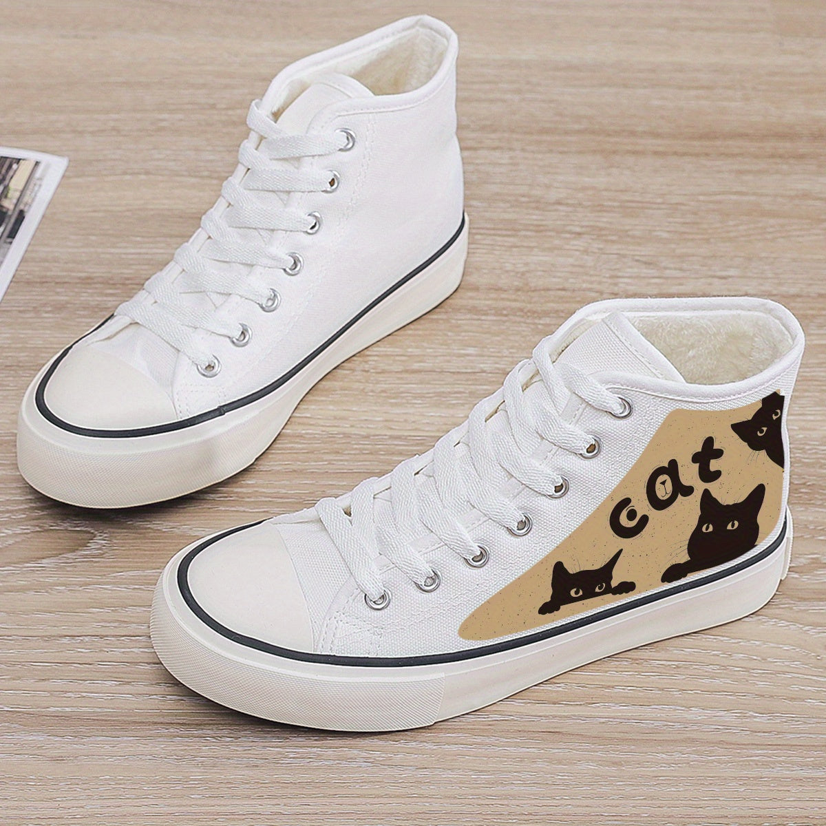 Cat Print Plush Lined Chunky Canvas Sneakers