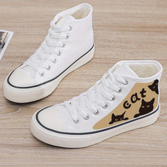 Cat Print Plush Lined Chunky Canvas Sneakers