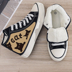 Cat Print Plush Lined Chunky Canvas Sneakers