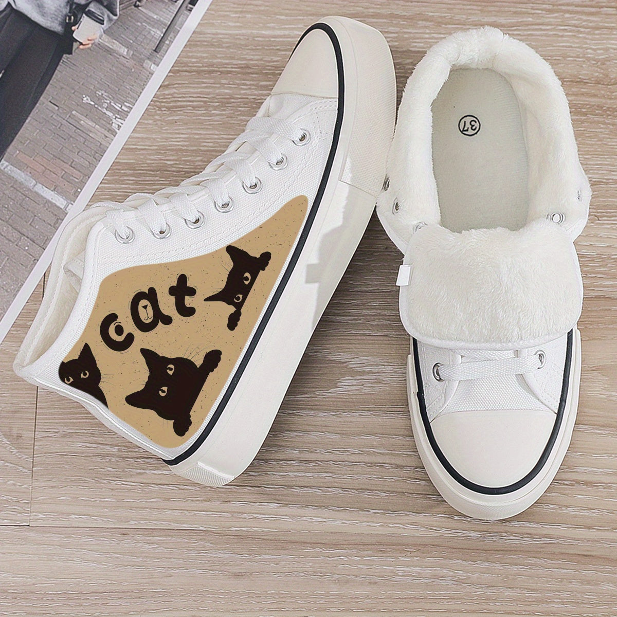Cat Print Plush Lined Chunky Canvas Sneakers