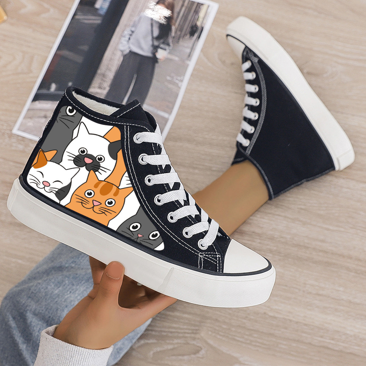 Cat Print Plush Lined Chunky Canvas Sneakers