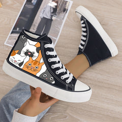 Cat Print Plush Lined Chunky Canvas Sneakers