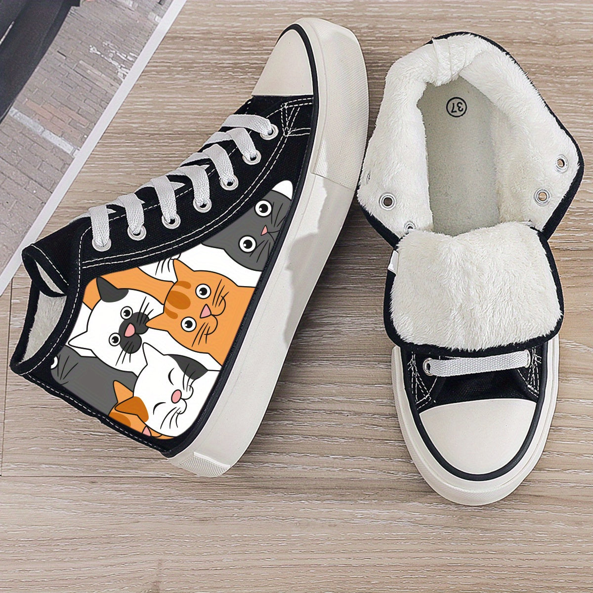 Cat Print Plush Lined Chunky Canvas Sneakers