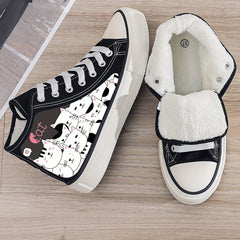 Cat Print Plush Lined Chunky Canvas Sneakers
