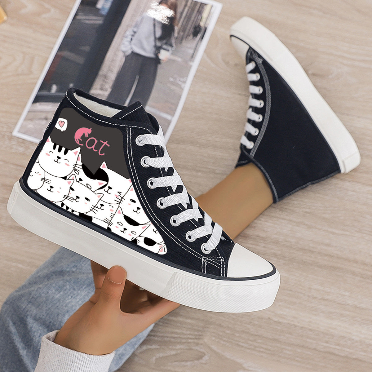 Cat Print Plush Lined Chunky Canvas Sneakers