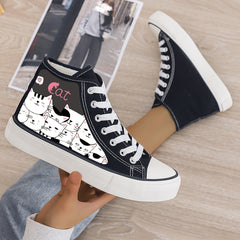 Cat Print Plush Lined Chunky Canvas Sneakers