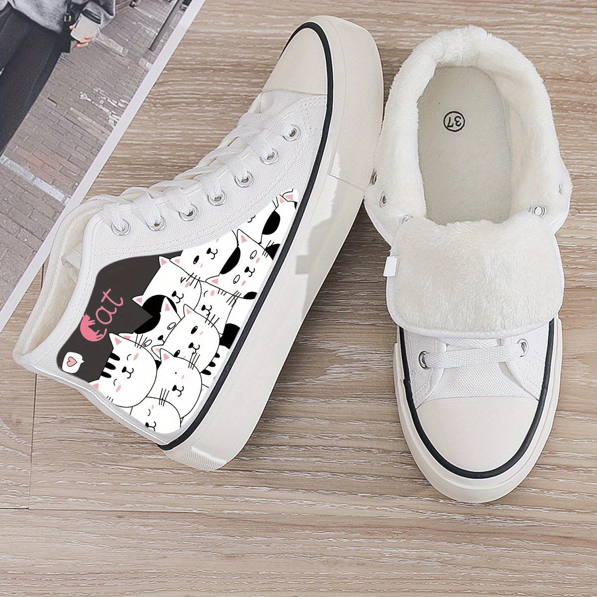 Cat Print Plush Lined Chunky Canvas Sneakers