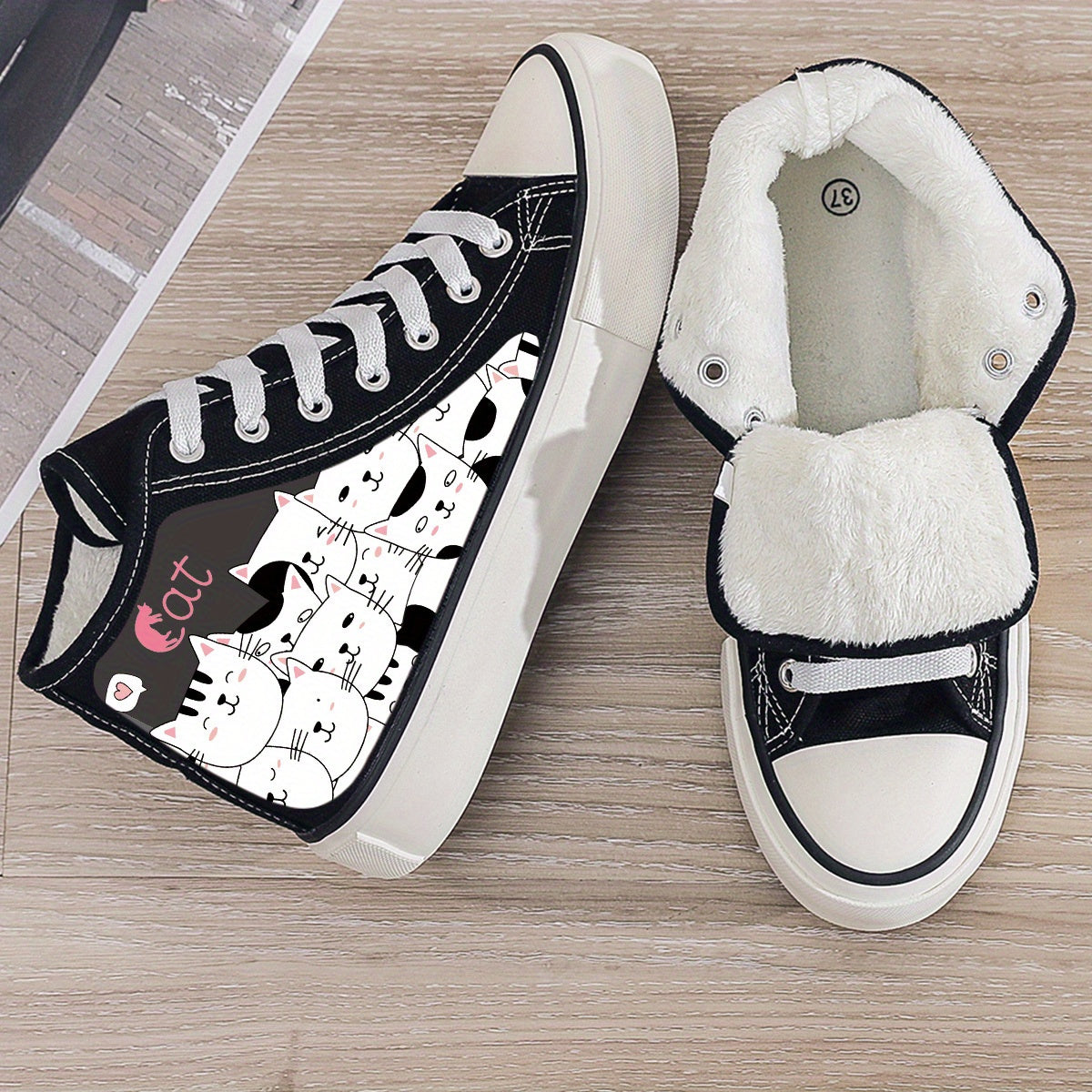 Cat Print Plush Lined Chunky Canvas Sneakers