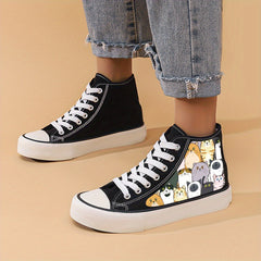 Cat Print Heighten Chunky Canvas Sneakers Non Slip High Top Skate Shoes