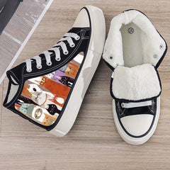 Cat Print Plush Lined Thermal Chunky Canvas Sneakers