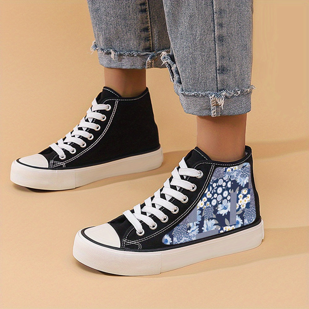 Vintage Floral Print Canvas Sneakers Chunky High Top