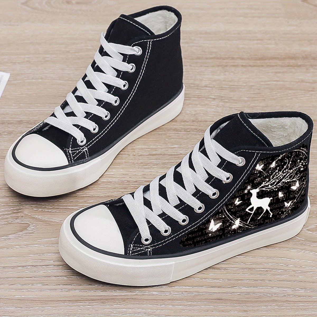 Fairy Deer Print Plush Lined Chunky Canvas Sneakers