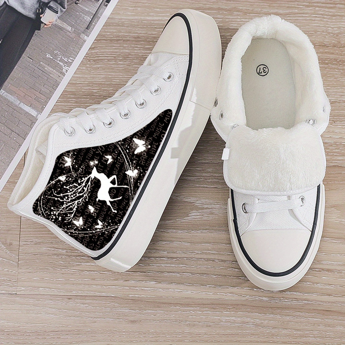 Fairy Deer Print Plush Lined Chunky Canvas Sneakers