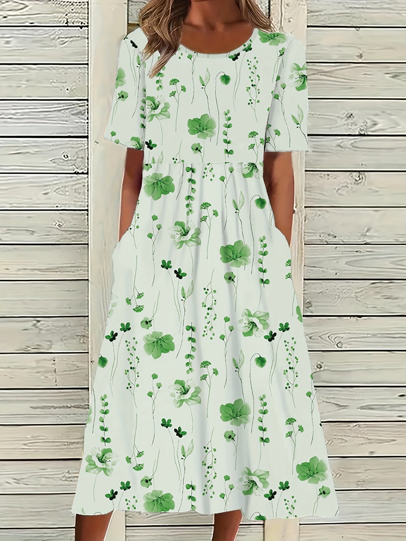 Women's Plus Floral Print Short Sleeve Loose Fit Midi Dress
