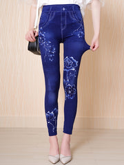 Denim & Floral Print Slimming Yoga Leggings High Stretch Slim Fit