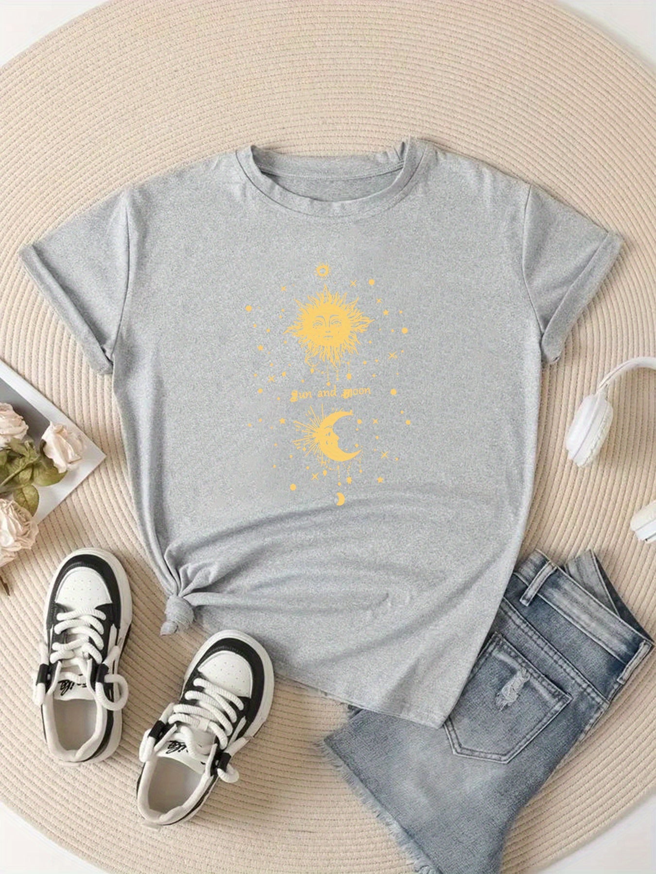 Sun And Moon Print Workout T Shirt Short Sleeve