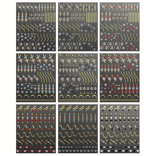9 Sheets Heart Line Flower Nail Art Stickers Self Adhesive Nail Supplies