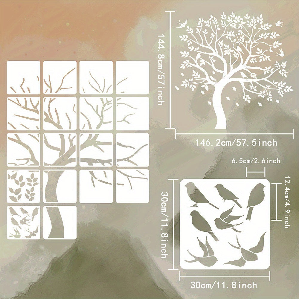 18pcs Tree & Bird Stencil Art for Scrapbooks 300x300mm PE Terephthalate