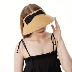 Straw Visor Hat with Bow Decor Wide Brim UV Protection