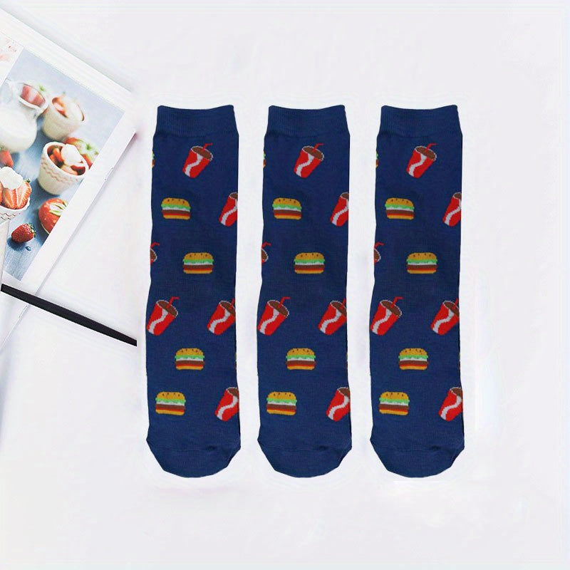 3 Pairs Cartoon Food Print Socks & Funny Mid Tube Socks Women's Stockings