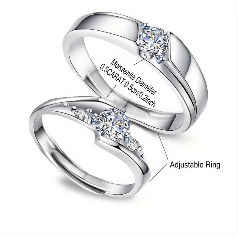 Adjustable 925 Silver Couple Rings Set with 0.5ct Moissanite