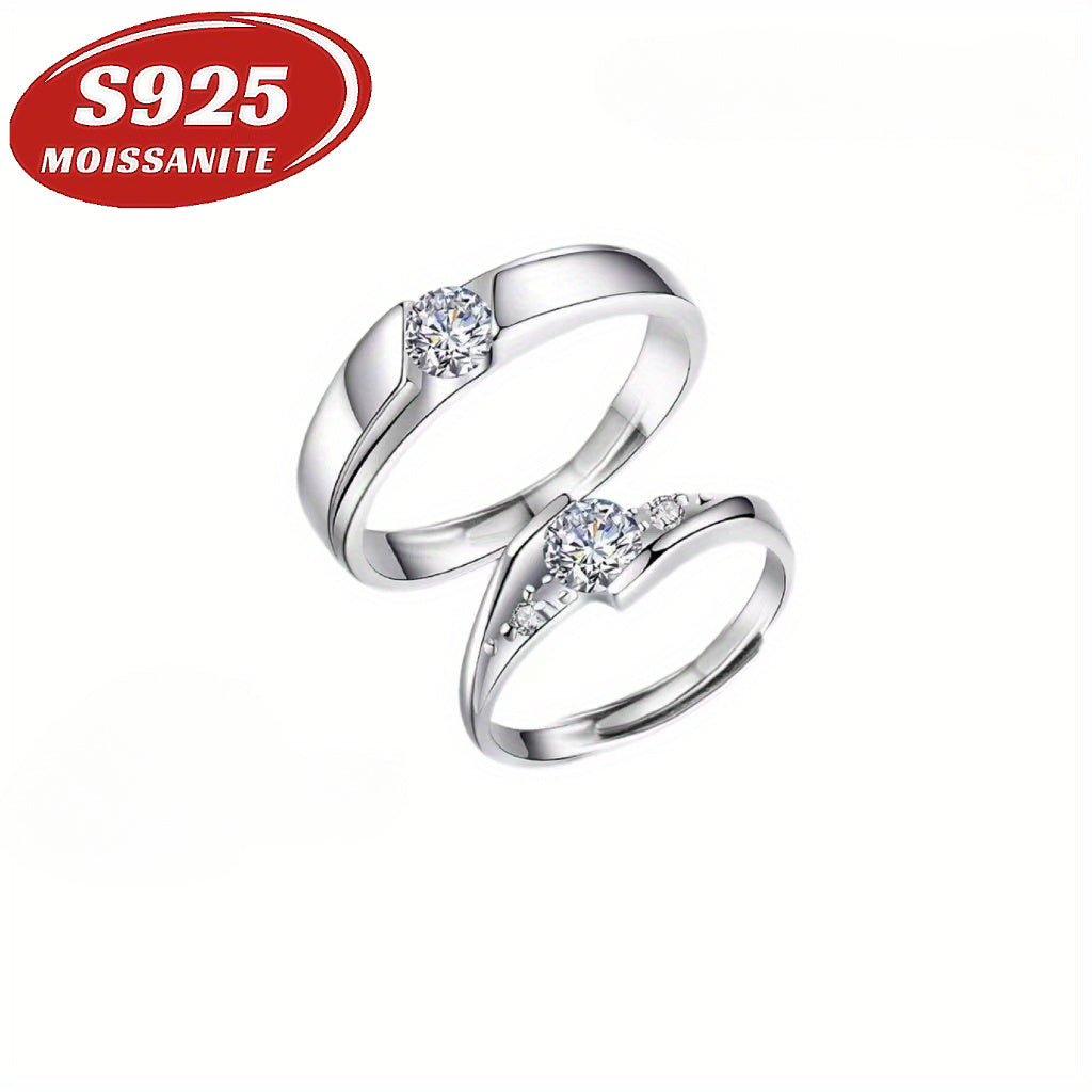 Adjustable 925 Silver Couple Rings Set with 0.5ct Moissanite