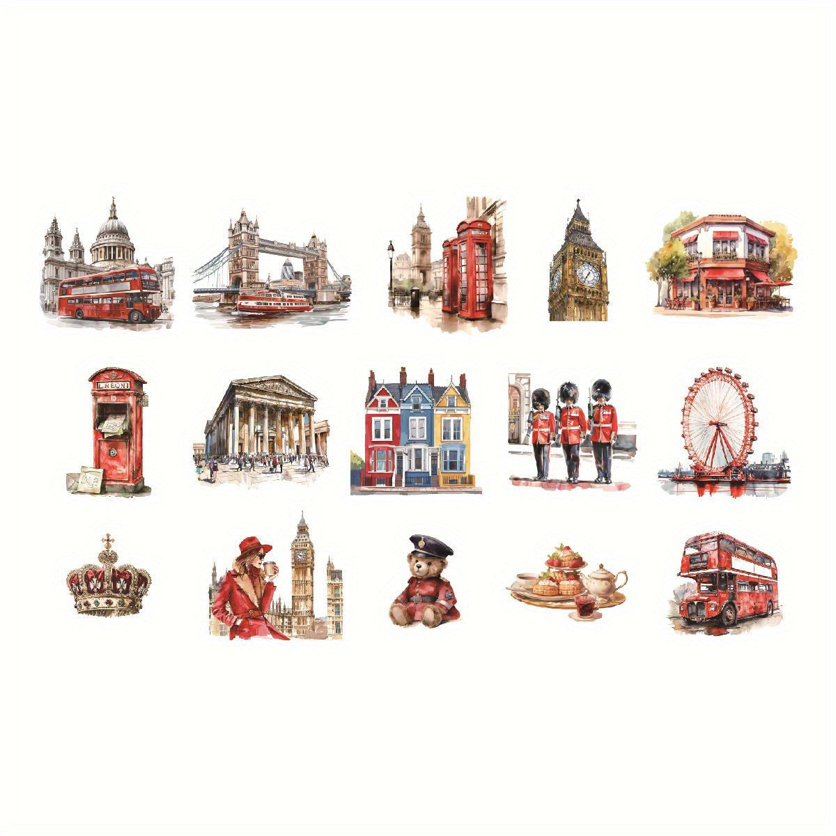 30pcs London Architectural Stickers Big Ben Red Buses Vibrant W