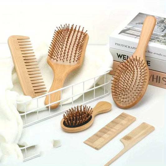 6pc Bamboo Hair Brush & Comb Set for Normal Hair