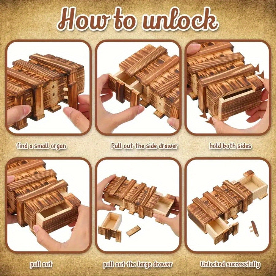 Vintage Wooden Secret Puzzle Box 3D Brain Teaser with Hidden Compartment