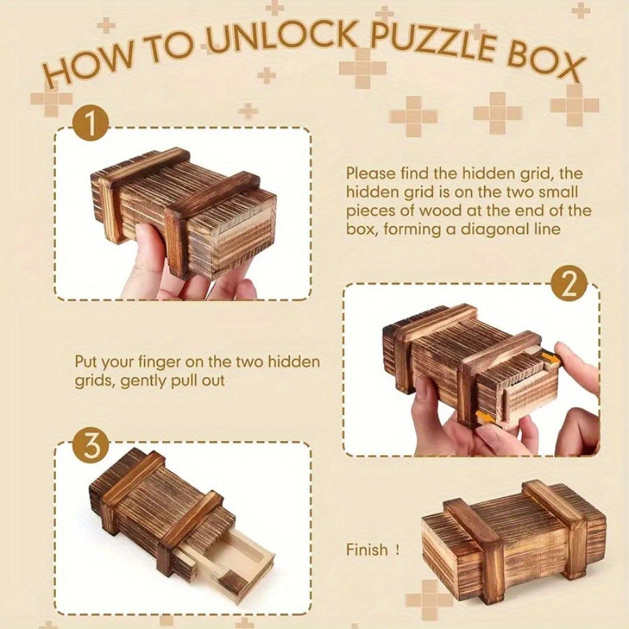 Vintage Wooden Secret Puzzle Box 3D Brain Teaser with Hidden Compartment
