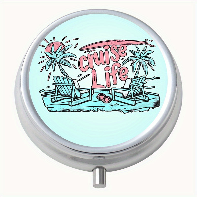 Vacation Life Print Round Pill Box 3 Compartments Portable Medicine Box