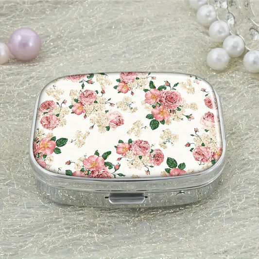Vintage Floral Metal Pill Case 2 Compartment Medicine Organizer Pink Peach