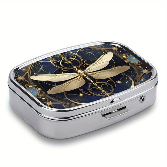 Dragonfly Pill Box 2 Compartment Colored Glass Metal Portable Medicine Case