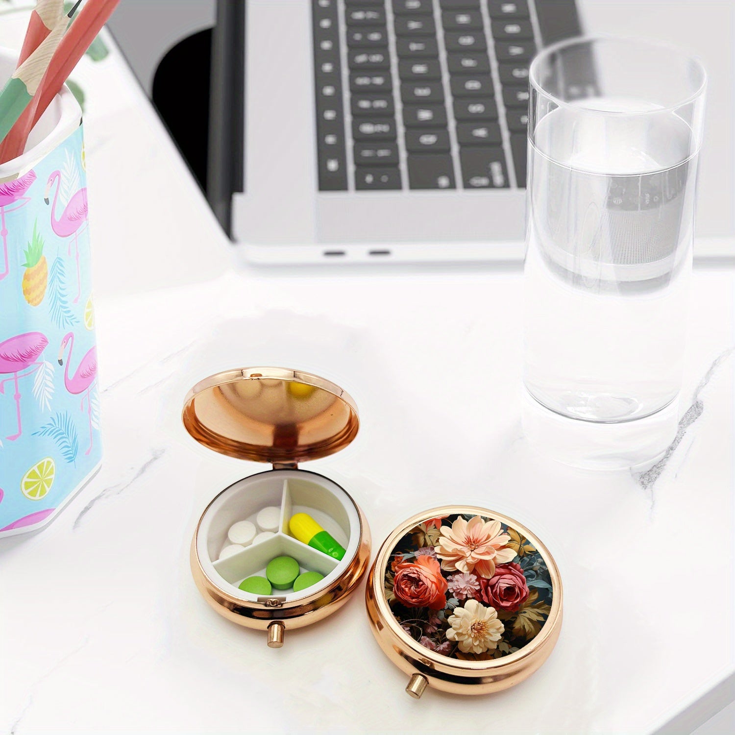 Floral Pill Organizer 3 Compartment Metal Medicine Case