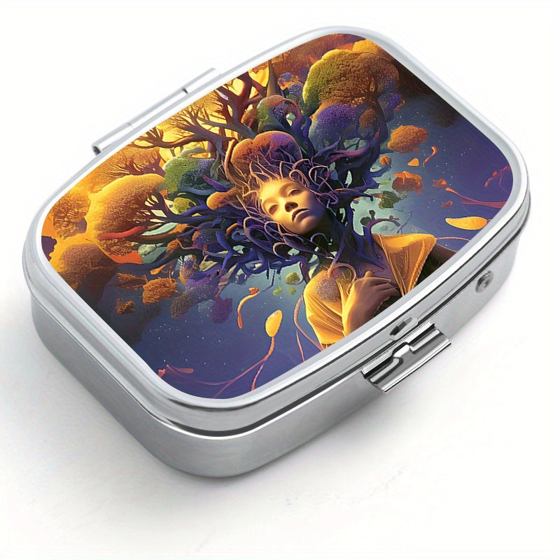 Tree of Life Square Pill Box 2 Compartment Metal Medicine Case