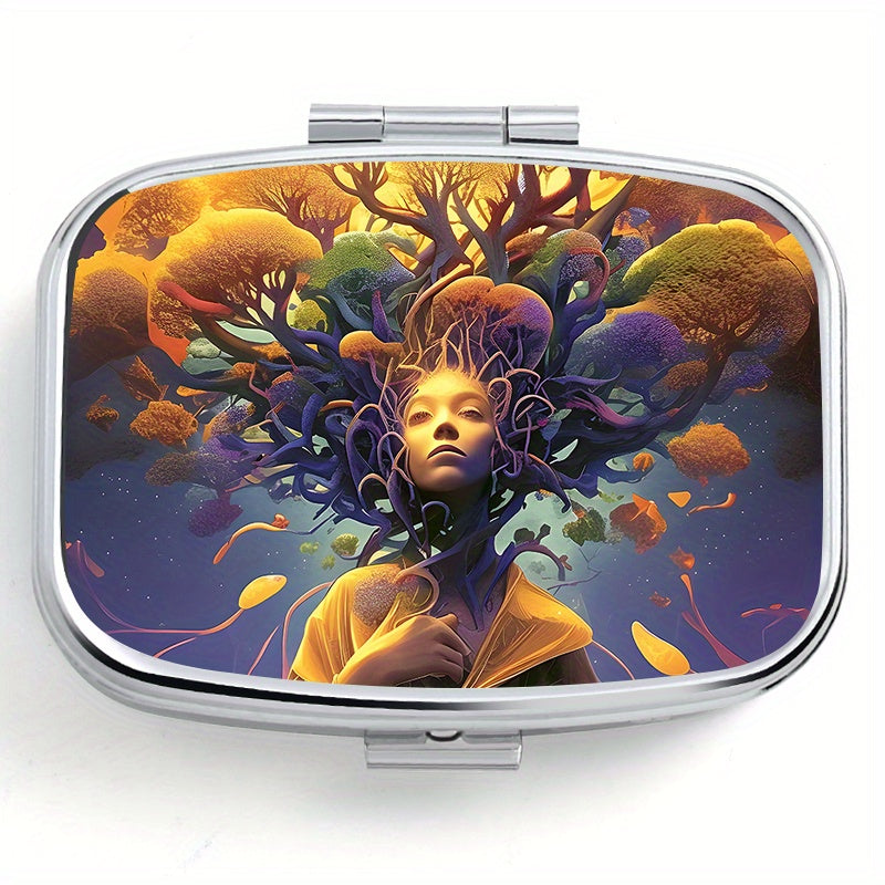 Tree of Life Square Pill Box 2 Compartment Metal Medicine Case