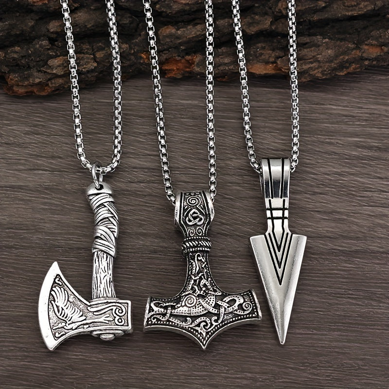 Men's Viking Necklace Hammer Compass Knot Wolf Axe Pendant