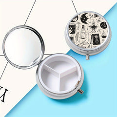 Vintage Patterned Round Pill Box with 3 Compartments